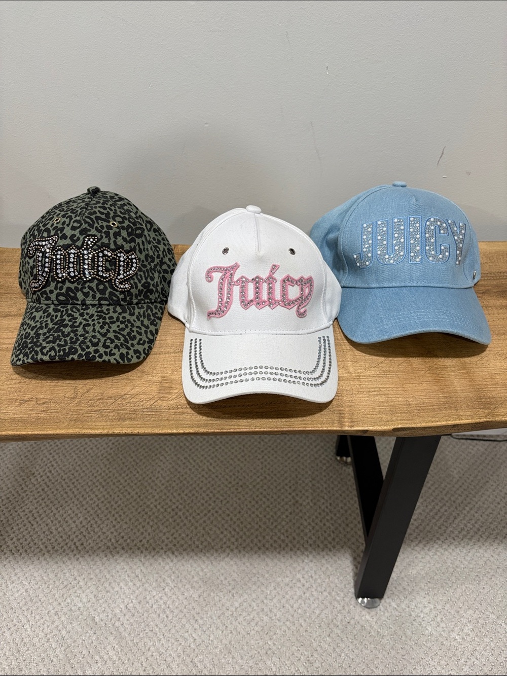 Juicy Couture Rhinestone Logo Cap Trio - White, Light Blue, Leopard